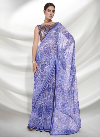 Flattering Blue Georgette Trendy Saree with Print Work