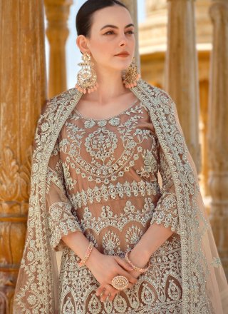 Flattering Brown Net Salwar Suit with Cord, Embroidered and Stone Work
