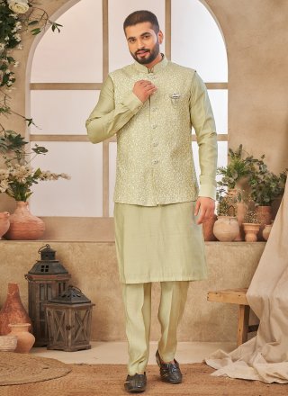 Flattering Green Art Silk Kurta Payjama with Jacket with Embroidered Work