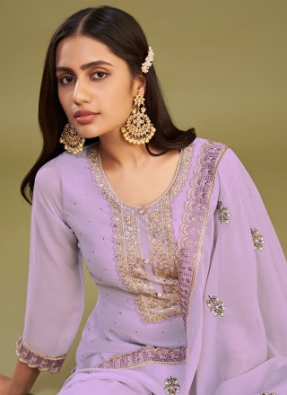 Flattering Lavender Georgette Pant Style Suit with Embroidered and Swarovski Work
