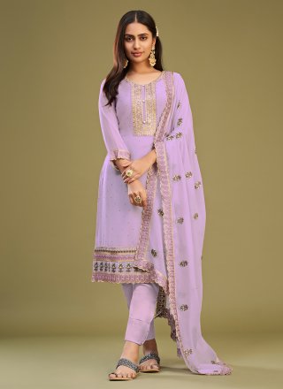 Flattering Lavender Georgette Pant Style Suit with Embroidered and Swarovski Work