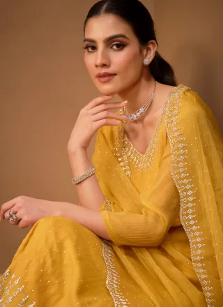 Flattering Yellow Chiffon Salwar Suit with Swarovski Work