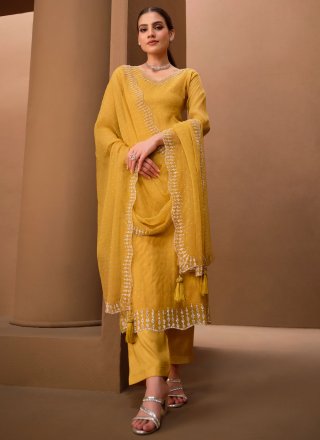 Flattering Yellow Chiffon Salwar Suit with Swarovski Work