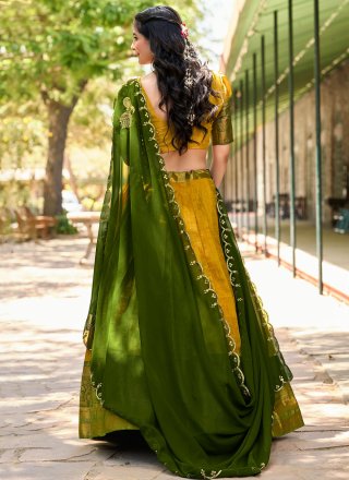 Flattering Yellow Kanjivaram Silk A - Line Lehenga Choli with Embroidered, Sequins and Weaving Work