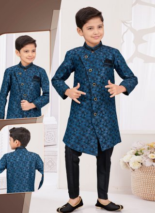 Flawless Black and Blue Jacquard Sherwani Kids Wear with Buttons, Fancy and Thread Work