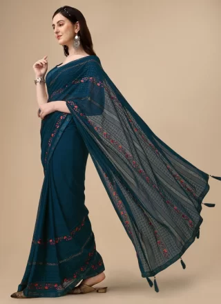 Flawless Blue Chiffon Designer Saree with Embroidered Work