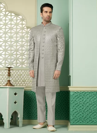 Flawless Grey Art Banarasi Silk Indo Western with Embroidered Work