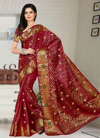 Floral Maroon Kanjivaram Silk Trendy Saree with Embroidered Work