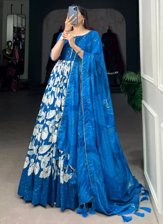 Floral Patch and Foil Print Work Tussar Silk Gown In Blue for Ceremonial