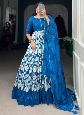 Floral Patch and Foil Print Work Tussar Silk Gown In Blue for Ceremonial
