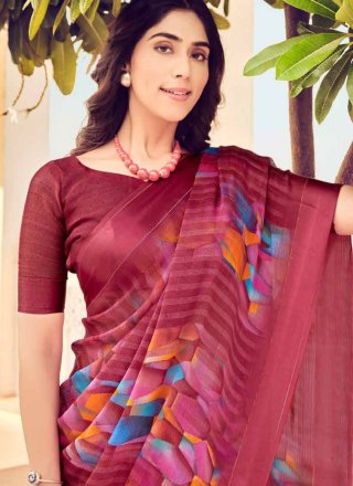 Floral Patch Work Chiffon Trendy Saree In Maroon