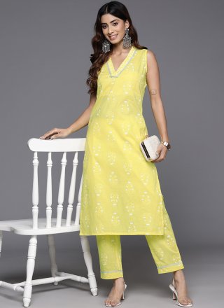 Floral Patch Work Cotton Designer Kurti In Yellow for Ceremonial