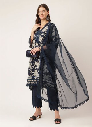 Floral Patch Work Cotton Salwar Suit In Black for Ceremonial