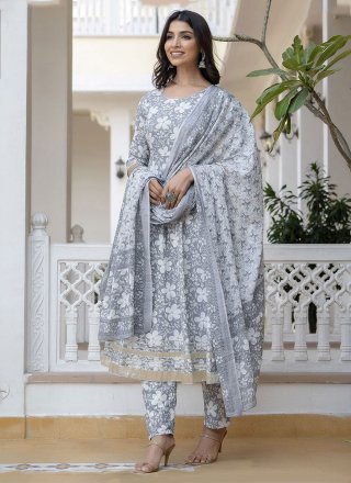Floral Patch Work Cotton Salwar Suit In Grey
