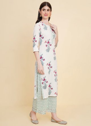 Floral Patch Work Cotton Salwar Suit In Off White for Casual