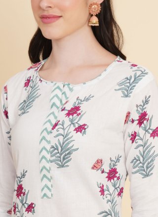 Floral Patch Work Cotton Salwar Suit In Off White for Casual