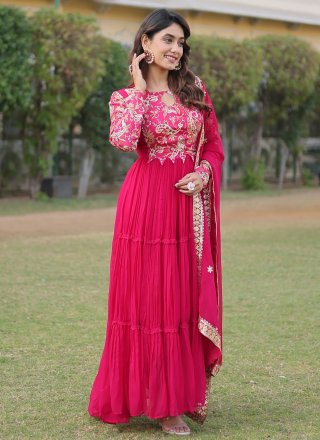 Floral Patch Work Faux Georgette Designer Gown In Pink for Ceremonial