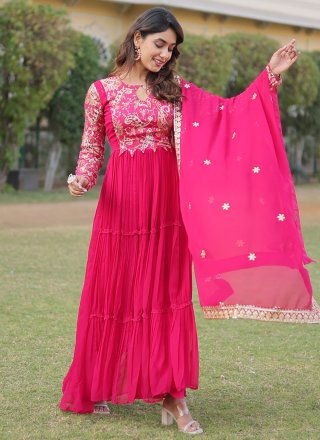 Floral Patch Work Faux Georgette Designer Gown In Pink for Ceremonial