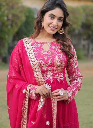 Floral Patch Work Faux Georgette Designer Gown In Pink for Ceremonial