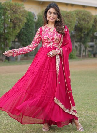 Floral Patch Work Faux Georgette Designer Gown In Pink for Ceremonial