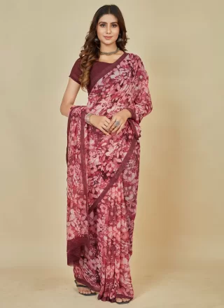 Floral Patch Work Georgette Classic Sari In Red for Casual