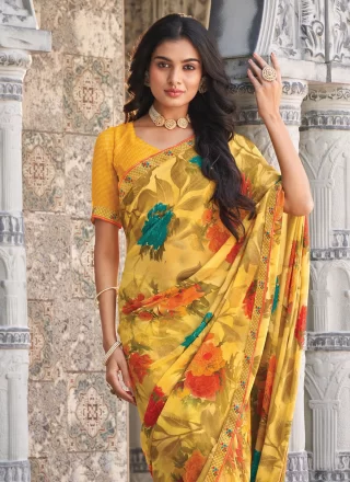 Floral Patch Work Georgette Classic Sari In Yellow