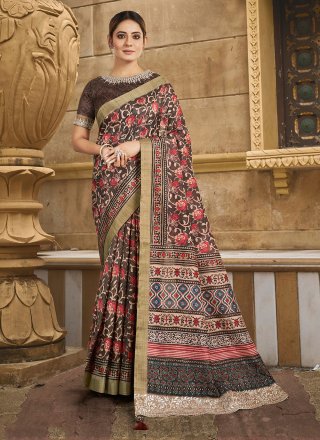 Floral Patch Work Silk Classic Sari In Brown