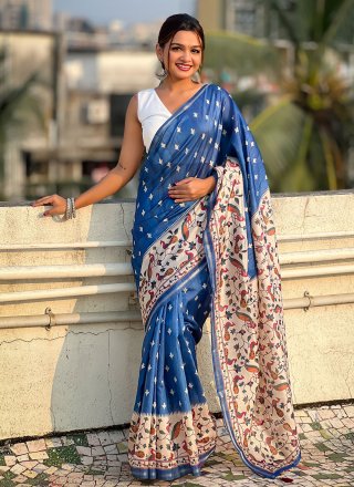 Floral Patch Work Silk Trendy Saree In Blue