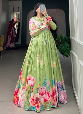 Floral Patch Work Tussar Silk  Designer Gown In Green