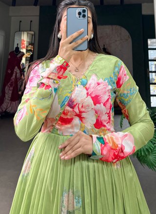 Floral Patch Work Tussar Silk  Designer Gown In Green