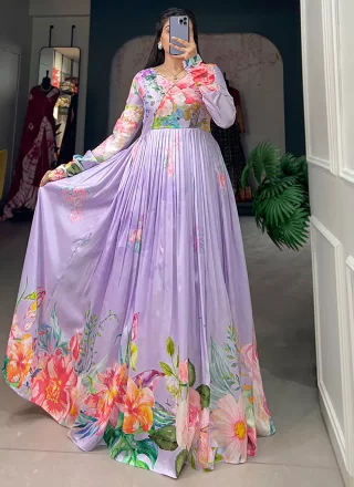 Floral Patch Work Tussar Silk Designer Gown In Lavender for Ceremonial