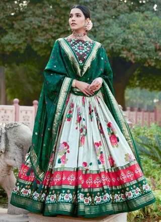Foil Print and Patola Print Work Tussar Silk A - Line Lehenga Choli In Green and White for Ceremonial