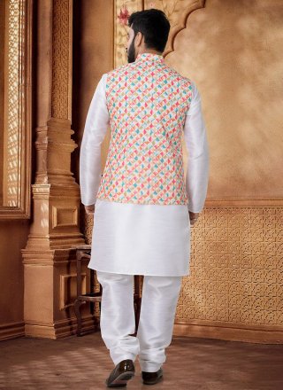 Foil Print Work Cotton Kurta Payjama with Jacket In Multi Colour and White