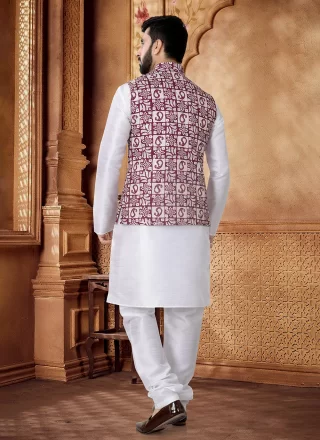 Foil Print Work Cotton Kurta Payjama with Jacket In Pink and White
