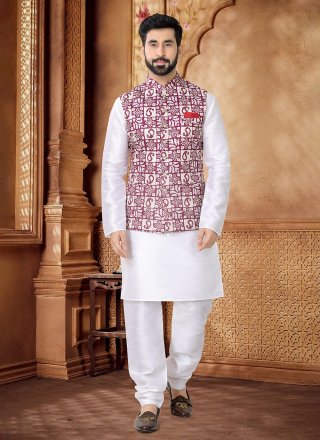 Foil Print Work Cotton Kurta Payjama with Jacket In Pink and White