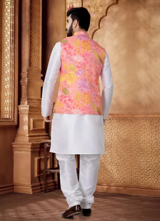 Foil Print Work Cotton Kurta Payjama with Jacket In Pink and White