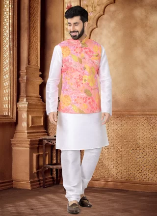Foil Print Work Cotton Kurta Payjama with Jacket In Pink and White