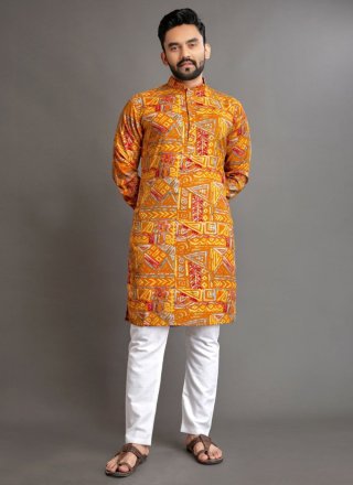 Foil Print Work Cotton Kurta Pyjama In Multi Colour