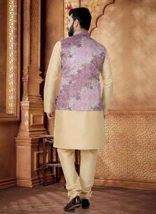 Foil Print Work Jacquard Kurta Payjama with Jacket In Gold and Wine