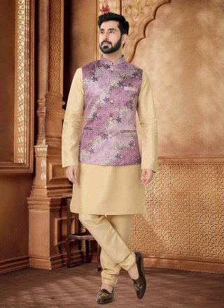 Foil Print Work Jacquard Kurta Payjama with Jacket In Gold and Wine