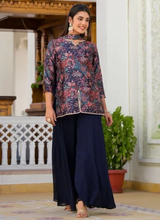 Foil Print Work Satin Readymade Salwar Suit In Multi Colour