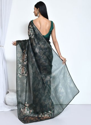 Foil Print Work Satin Silk Classic Saree In Green
