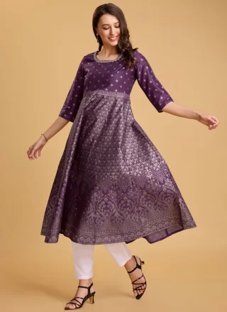 Foil Print Work Silk Casual Kurti In Purple
