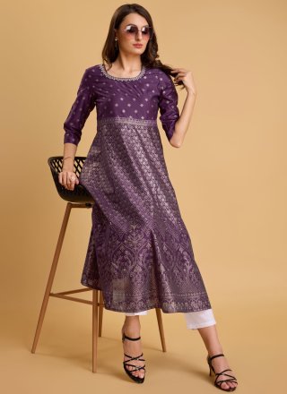 Foil Print Work Silk Casual Kurti In Purple