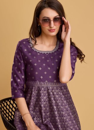 Foil Print Work Silk Casual Kurti In Purple
