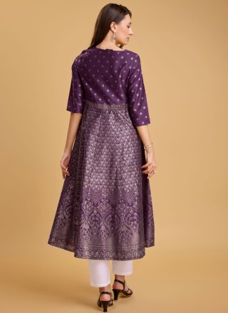 Foil Print Work Silk Casual Kurti In Purple