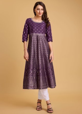Foil Print Work Silk Casual Kurti In Purple