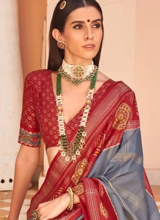 Foil Print Work Silk Contemporary Saree In Grey