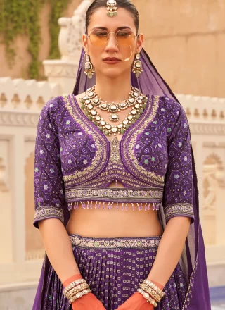 Foil Print Work Silk Readymade Lehenga Choli In Purple