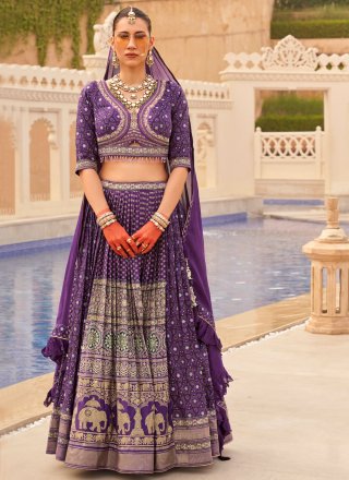 Foil Print Work Silk Readymade Lehenga Choli In Purple